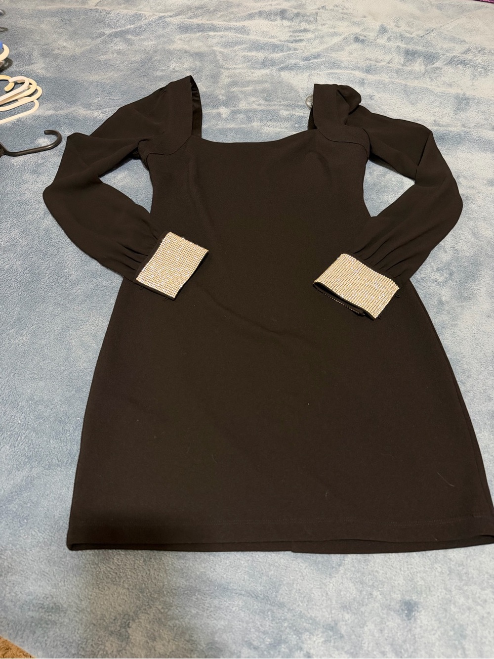 Black Long-Sleeve Mini Dress with Rhinestone Cuffs